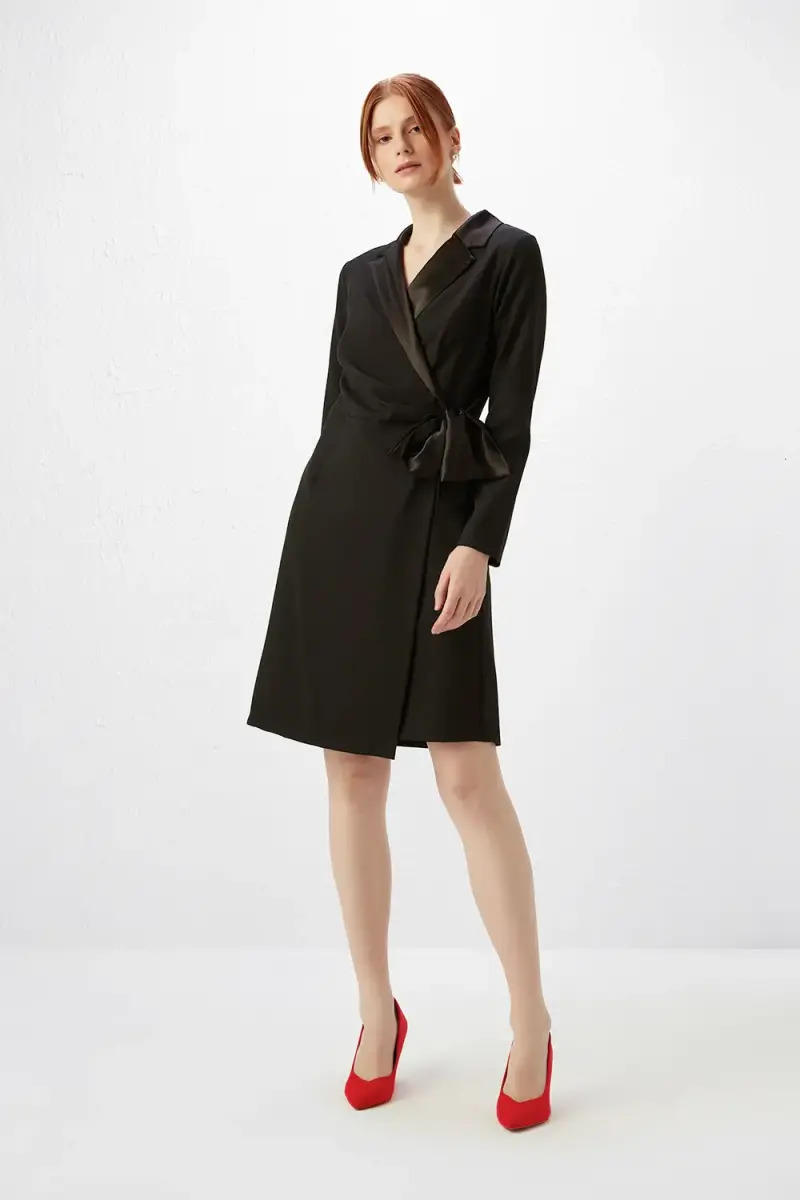 13329 Black Satin Collar Detail Strap Dress