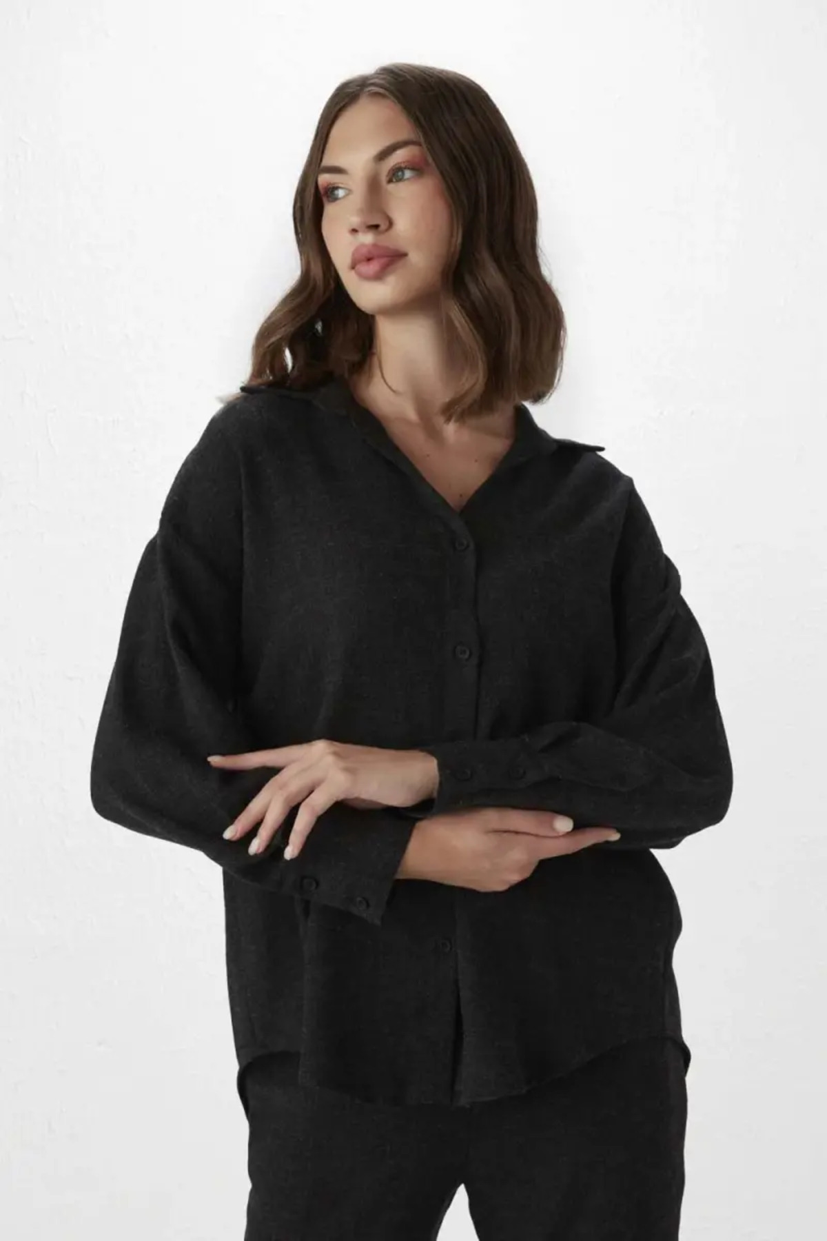 Black Laced Relax Fit Button Down Shirt