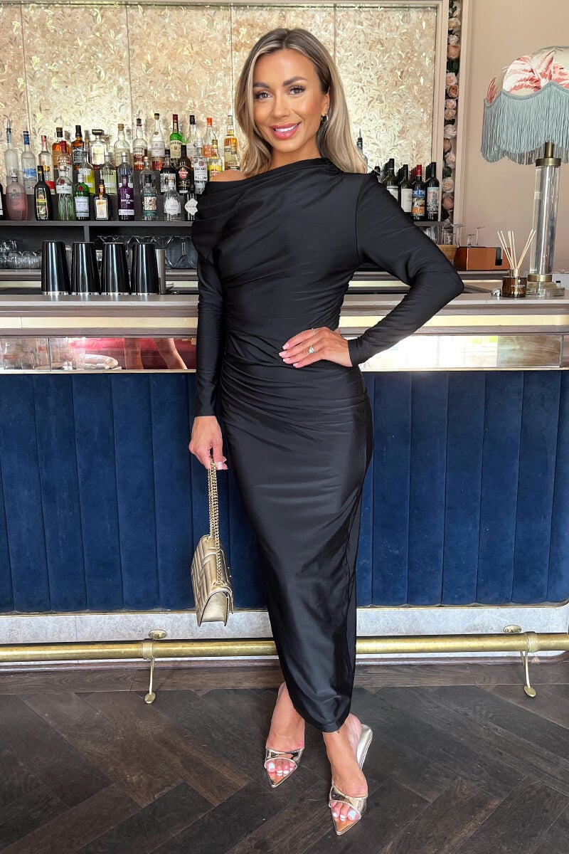 Off the shoulder Ruched Midi Dress- Black