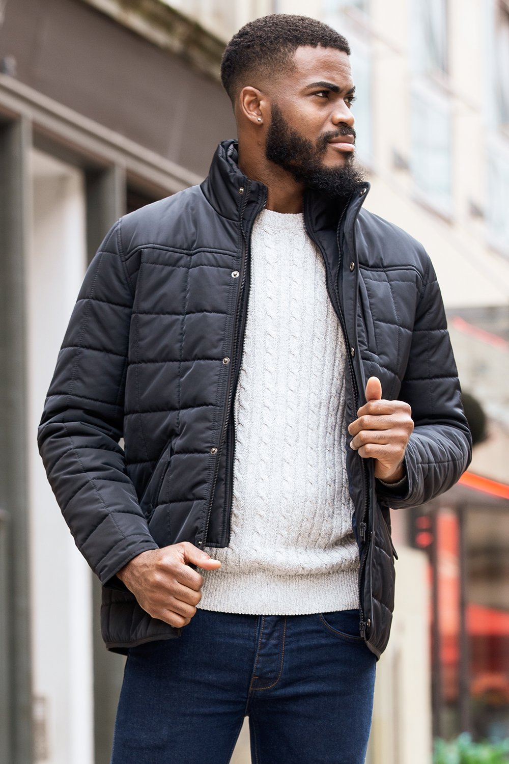 Black Lightly Padded Square Quilted Jacket