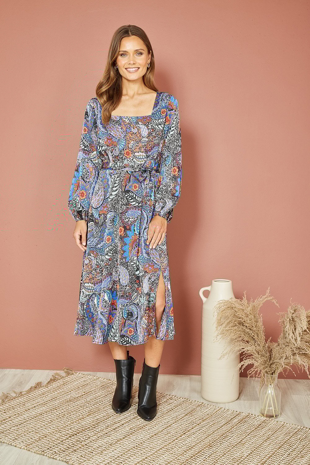Blue Paisley Print Long Sleeve Midi Dress