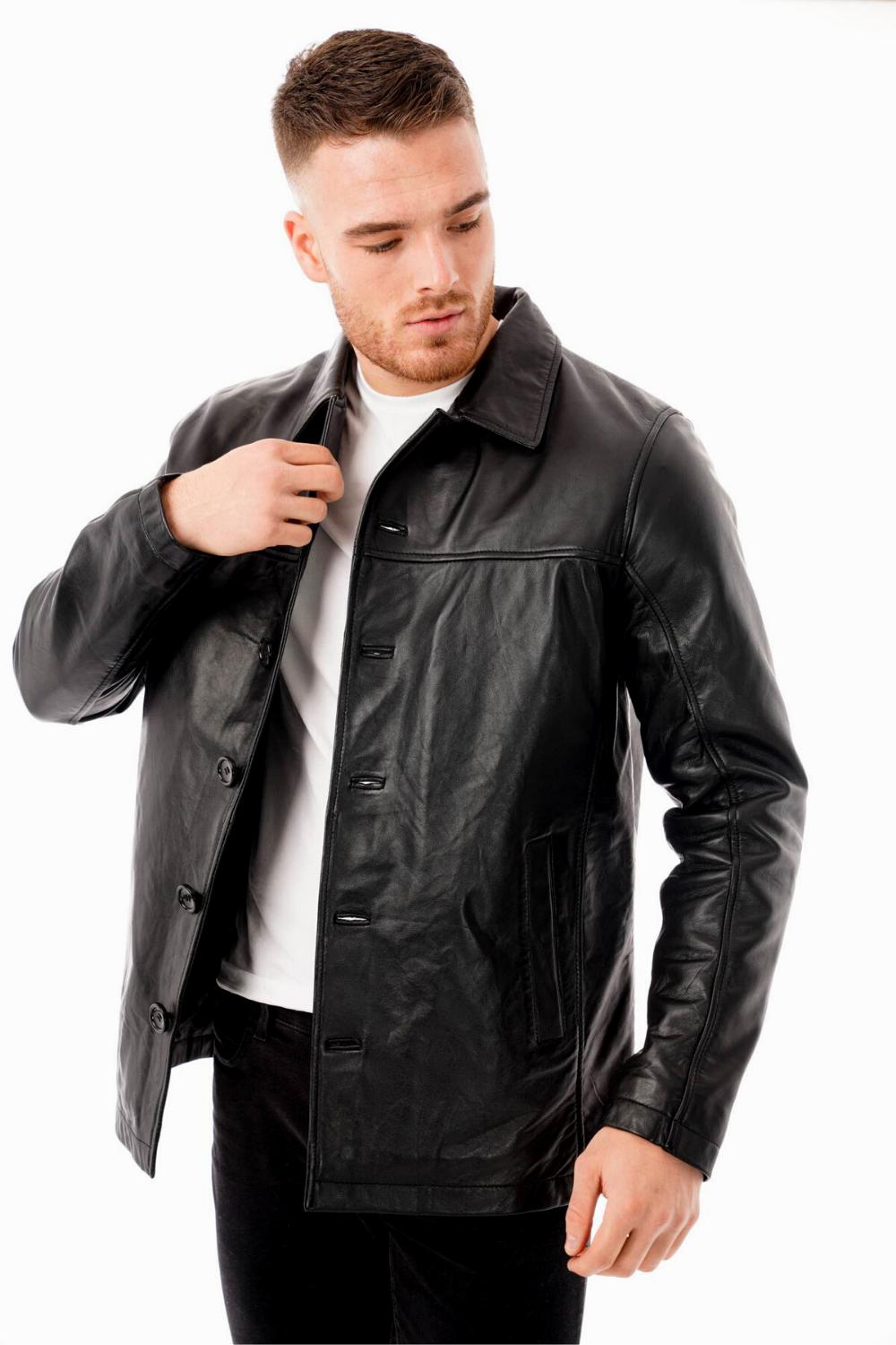 BARNEYS ORIGINALS Button Up Leather Reefer