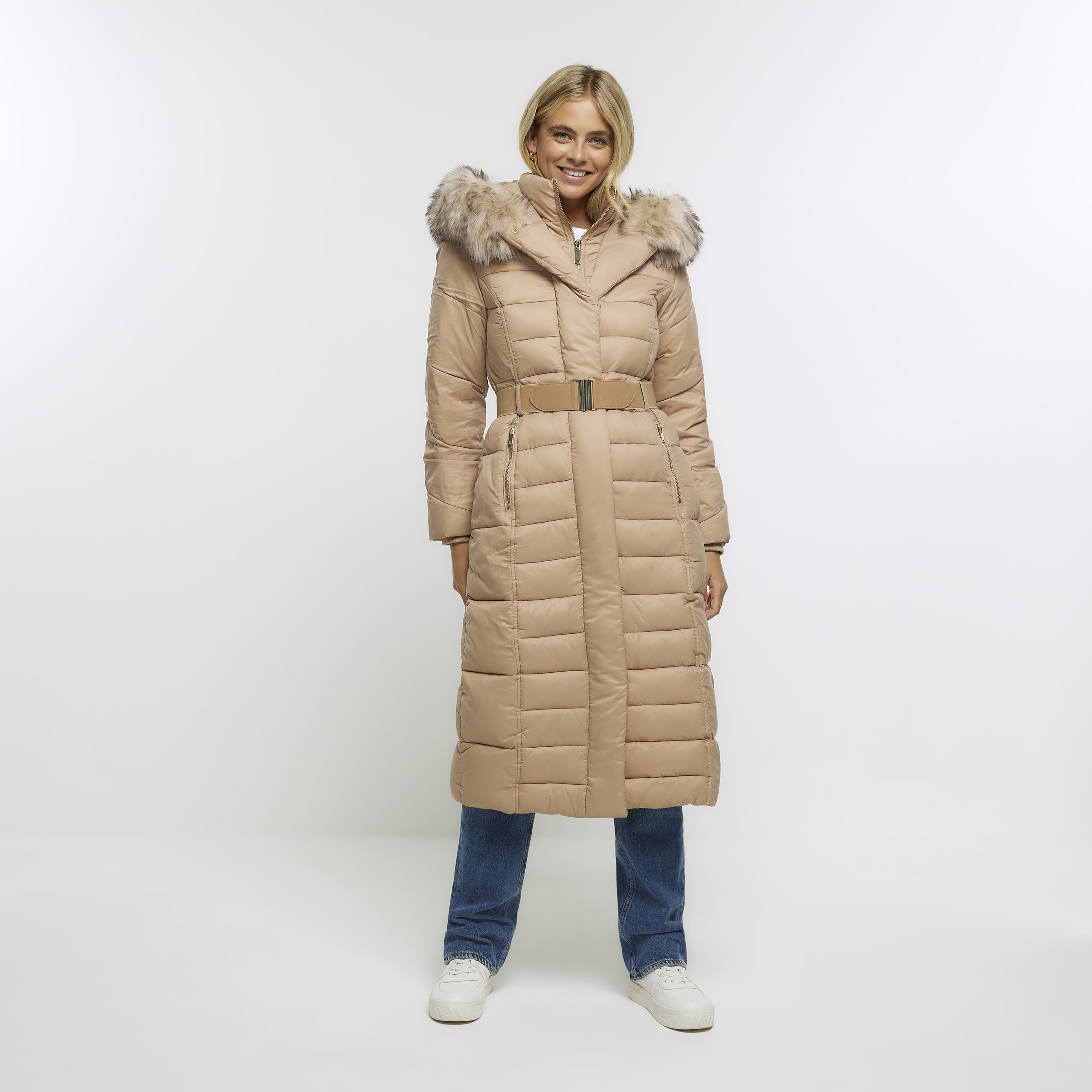 River Island Womens Jacket Brown Belted Padded Longline
