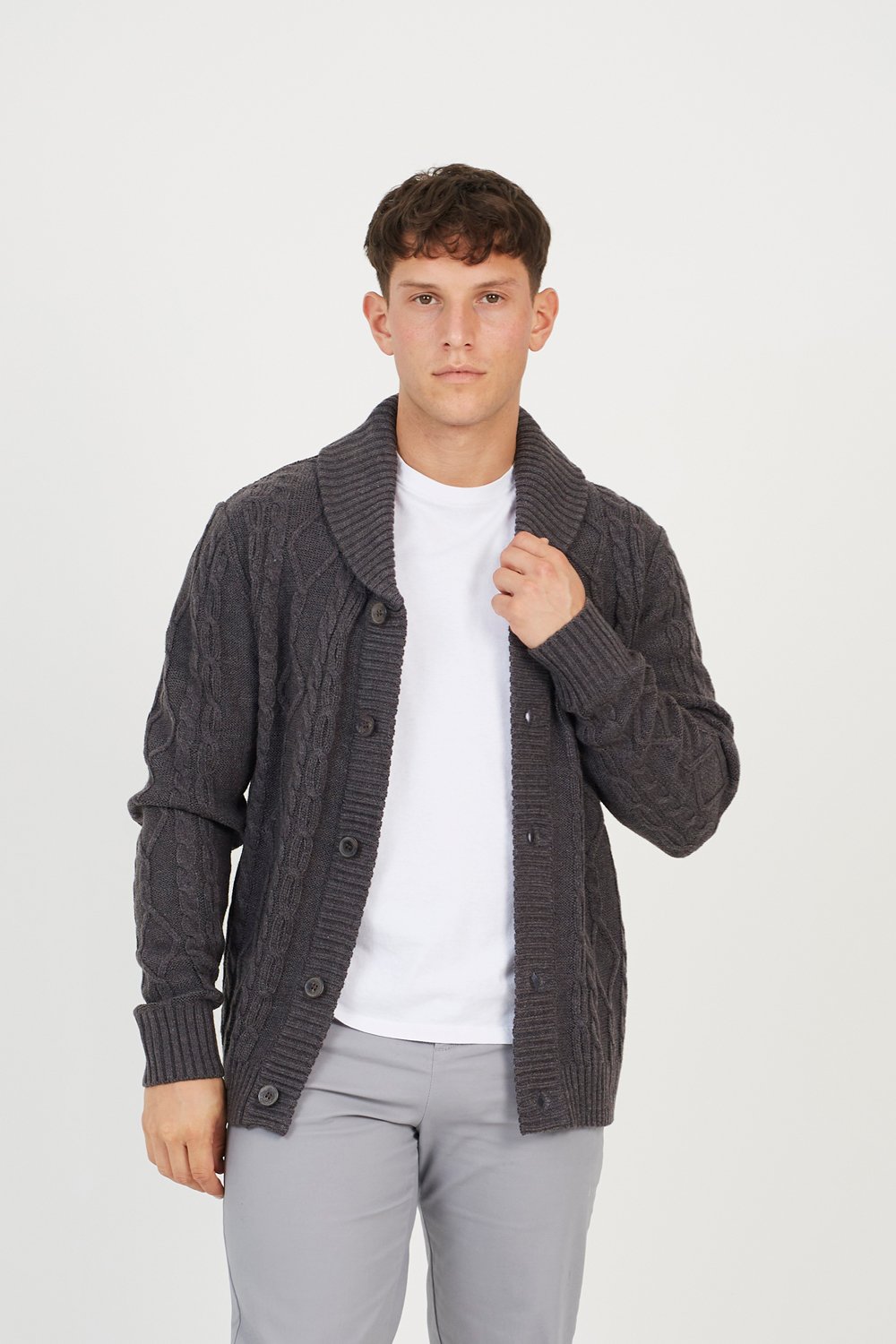 shawl neck cable knit cardigan