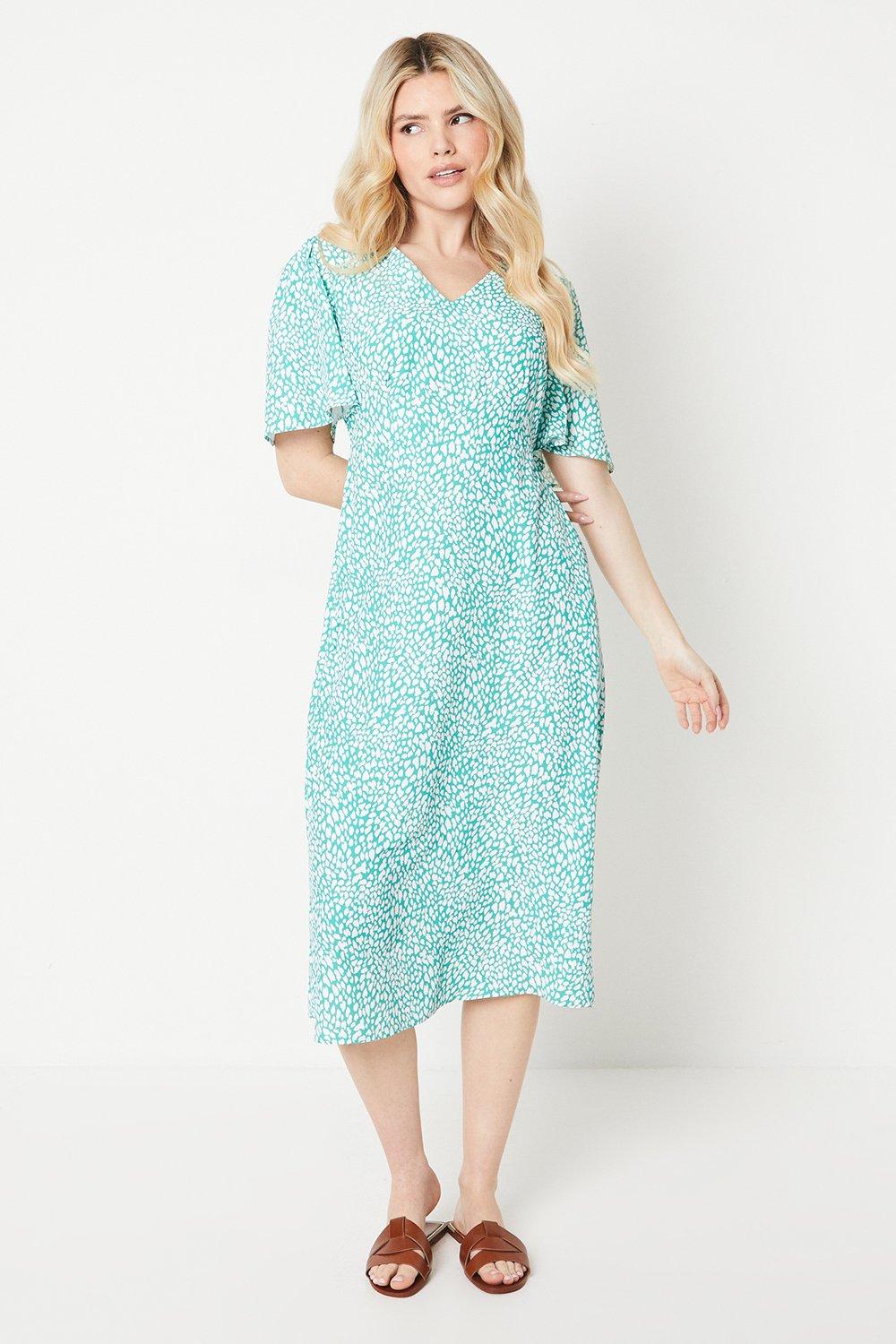 Abstract V Neck Angel Sleeve Midi Dress