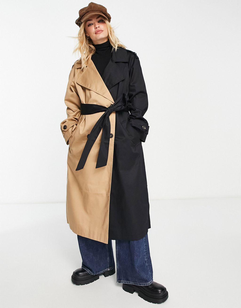 ASOS DESIGN half and half trench coat in black and stone-Multi