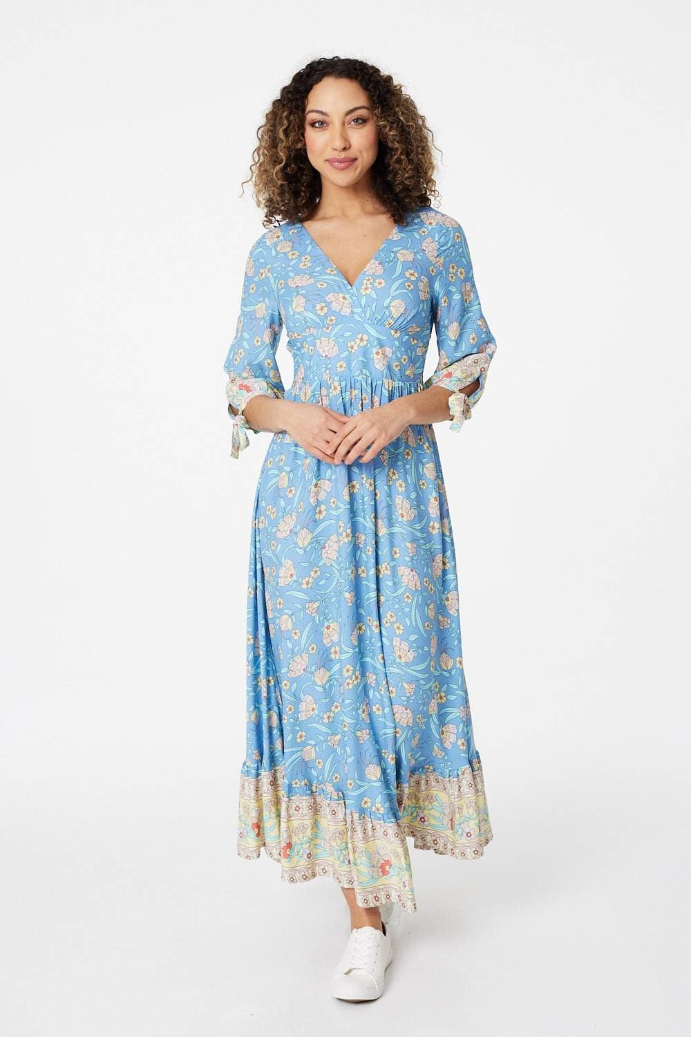 Blue Floral Maxi Dress With Tassel Tie, V-Neck main image 0