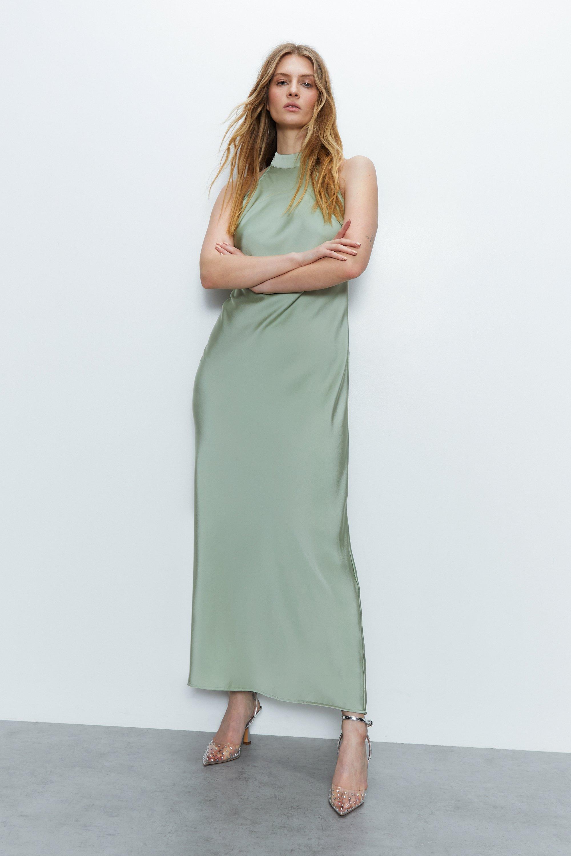 Satin Halter Neckline Backless Maxi Dress - Pale Green