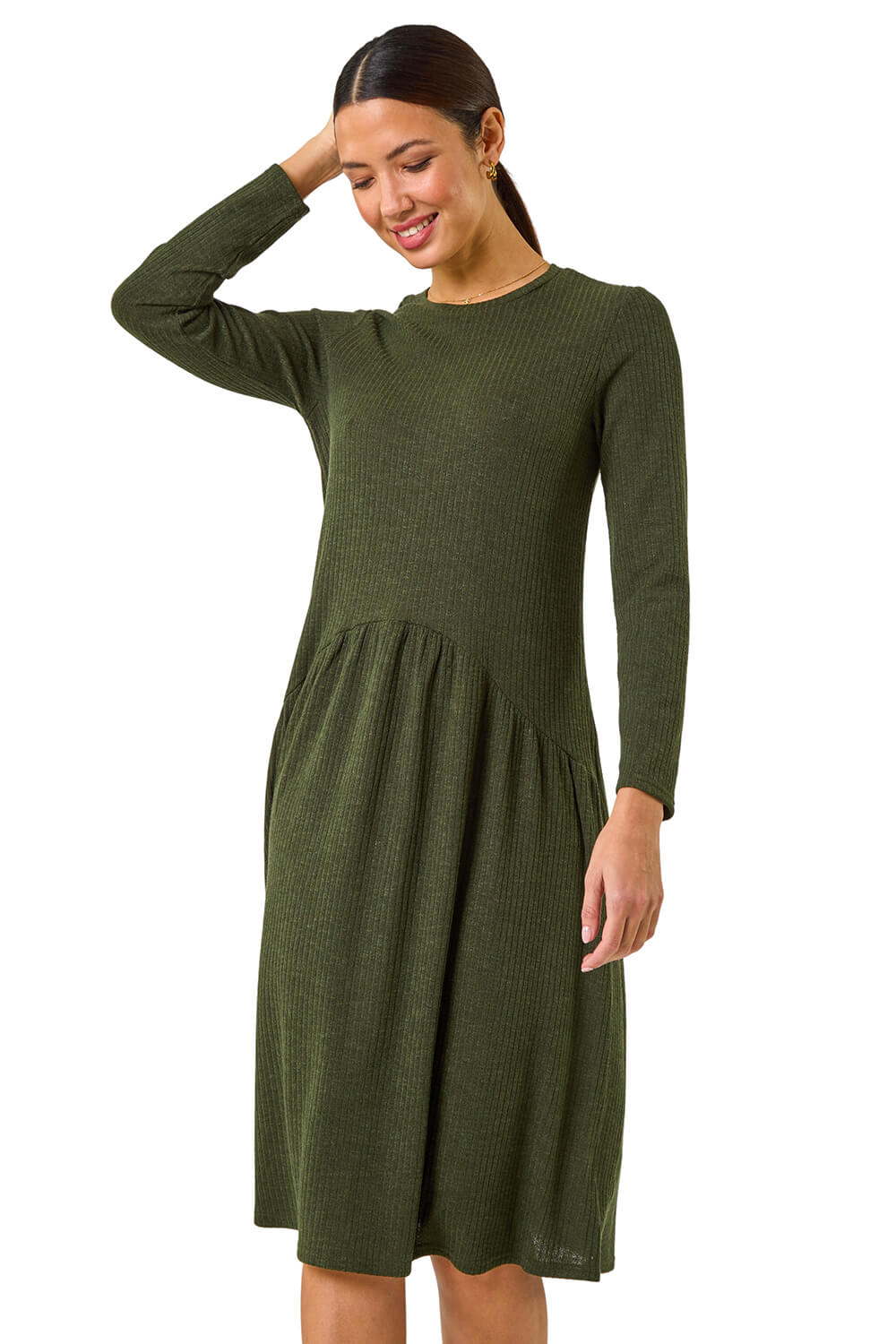 Robia Unique Print Ribbed Elastic Waist Pocketed Strapless Midi Dress