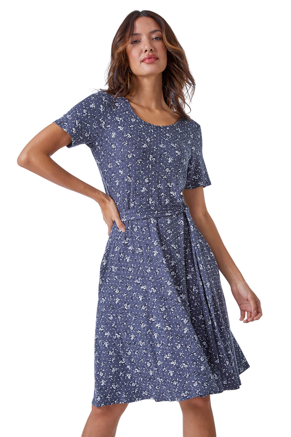 Navy Ditsy Floral Surplice Waist Band Flare Dress