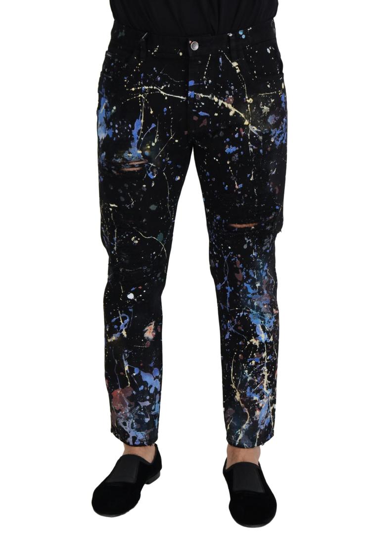 Dolce & Gabbana Black Cotton Color Splash Print Denim Jeans