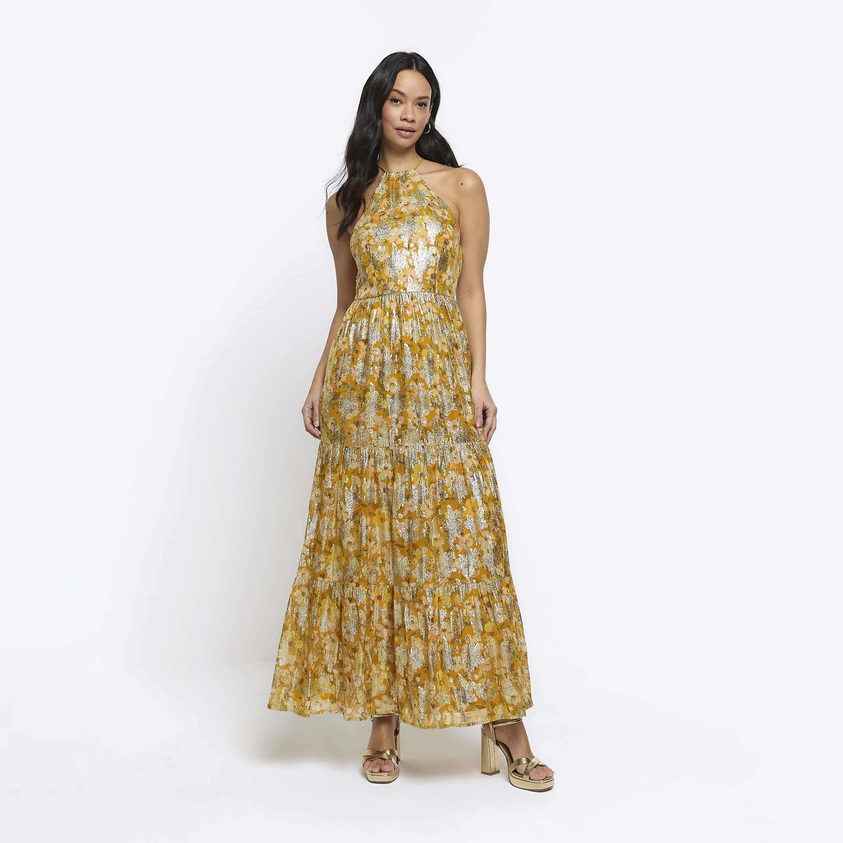 River island midi dress with belt detail in yellow hotsell