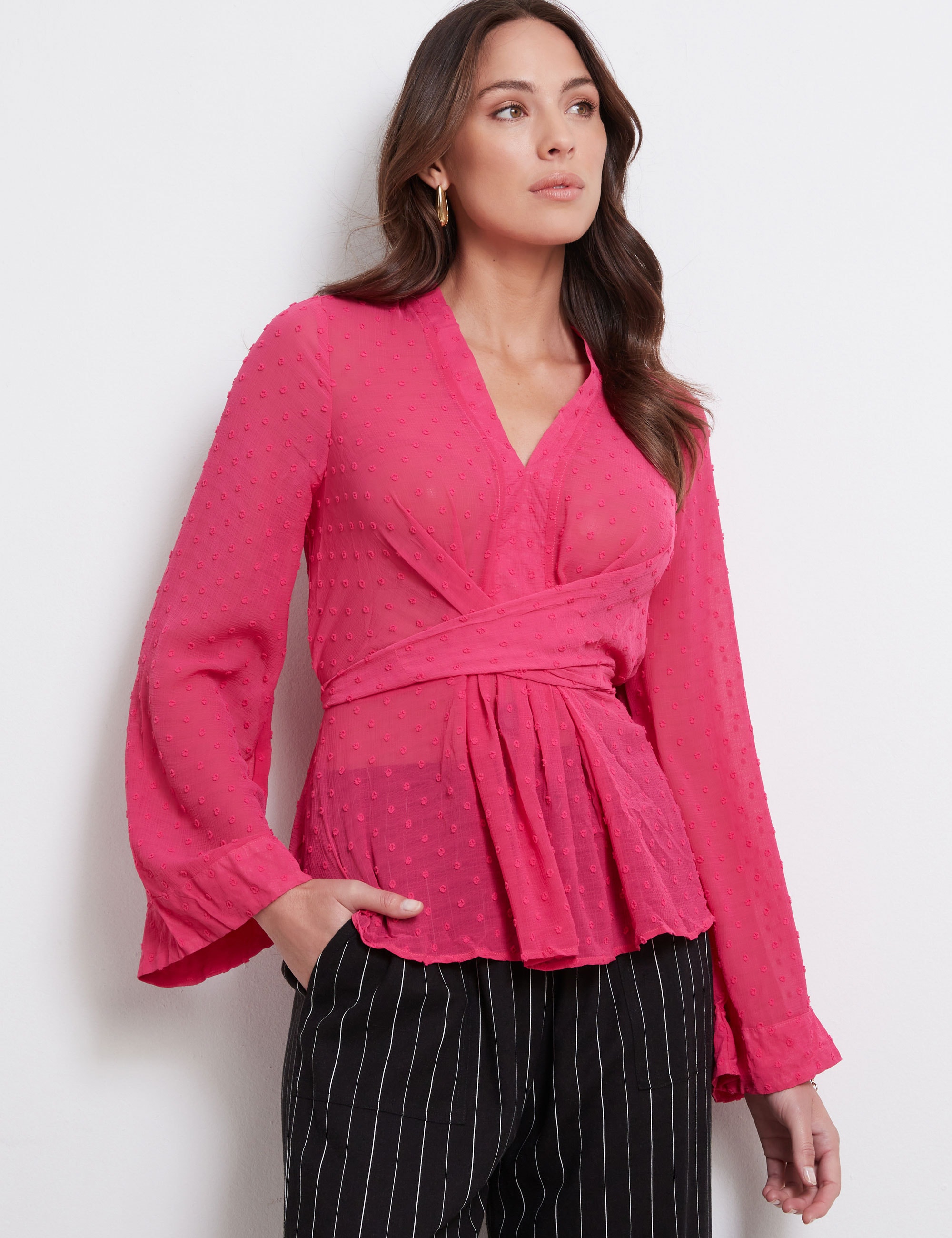 KATIES - Womens Tops - Hot Pink - Long Sleeve - Texture - Tie Front Top ...