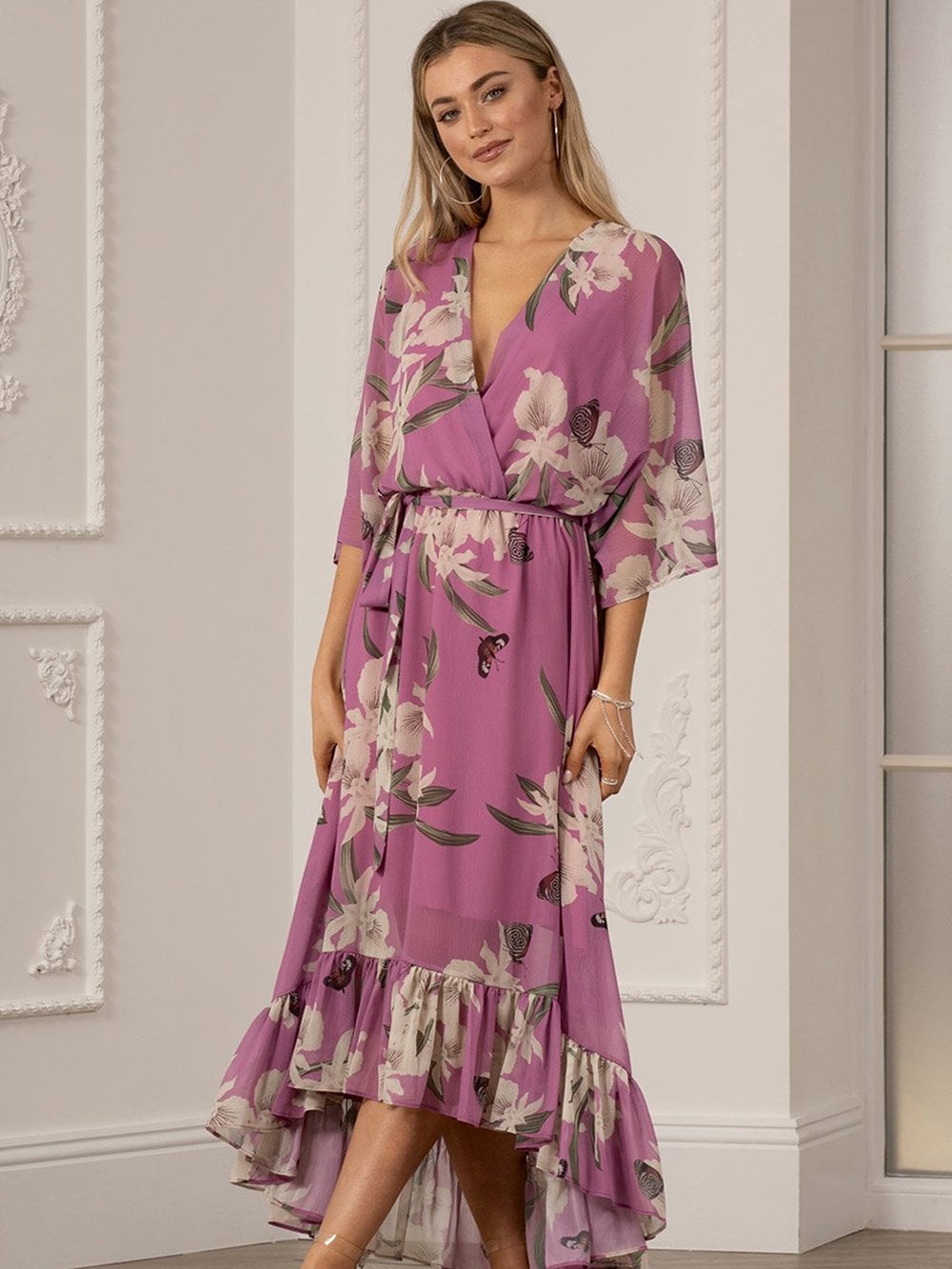 Yumi Floral Print Kimono Midi Wrap Dress