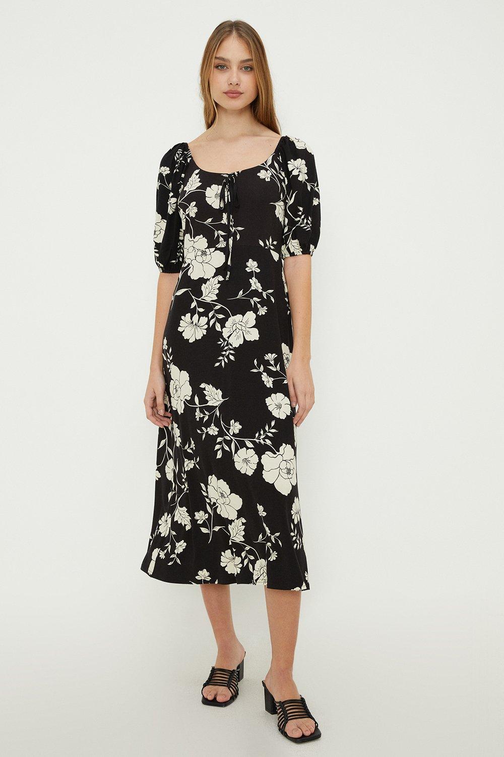 Floral Print Tie-Front Midi Dress