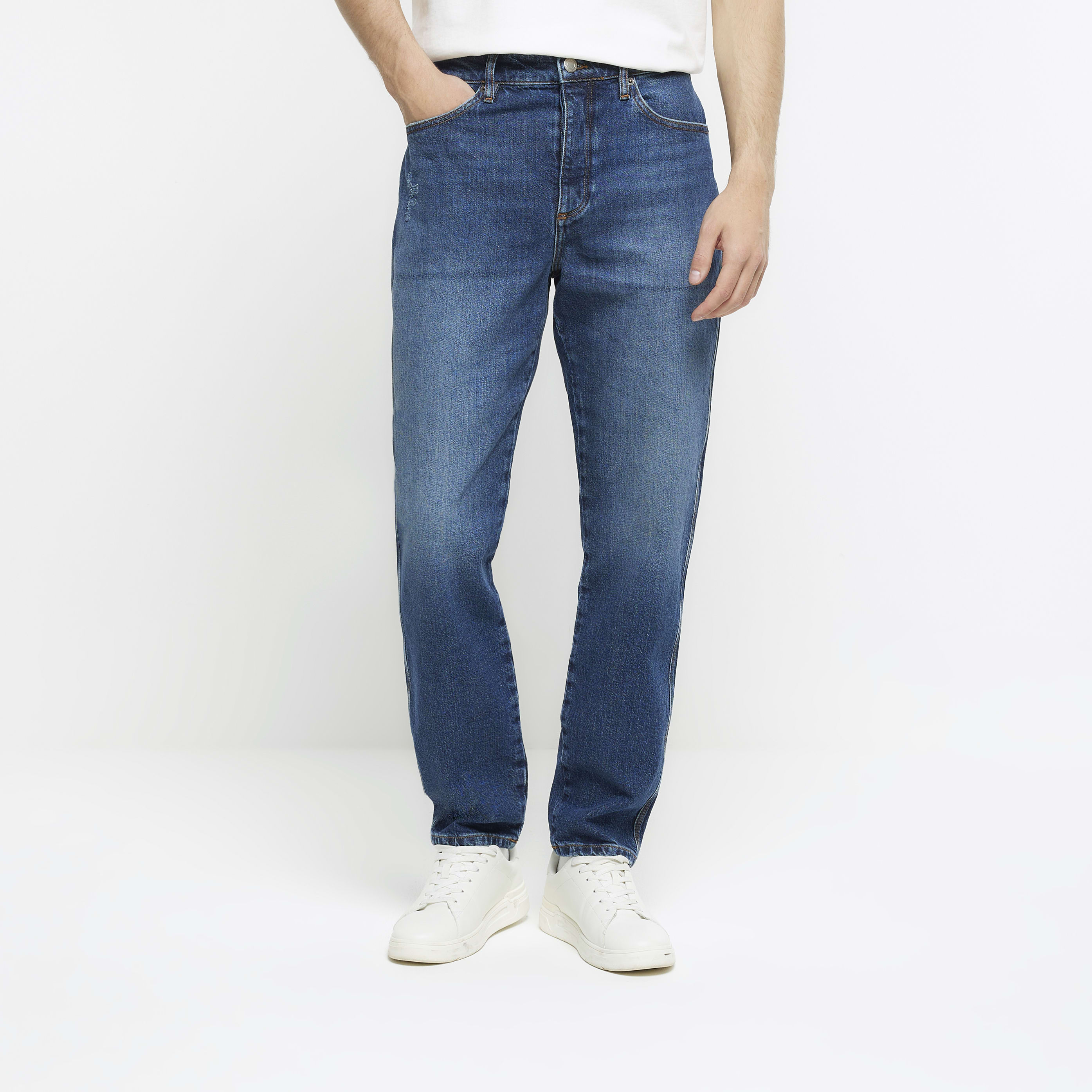 River Island Mens Tapered Jeans Blue Fit Faded