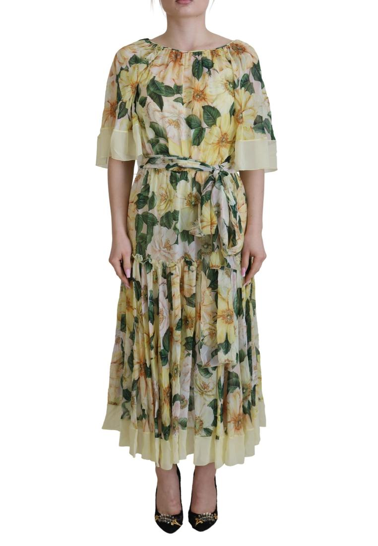 Dolce & Gabbana Multicolor Green Floral Silk Wrap Midi Dress main image 1