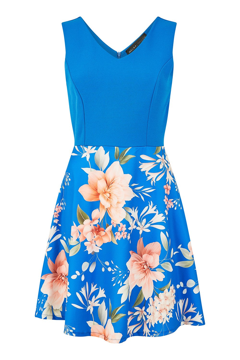 Women Blue Floral Waist Cut Out Skater Dress