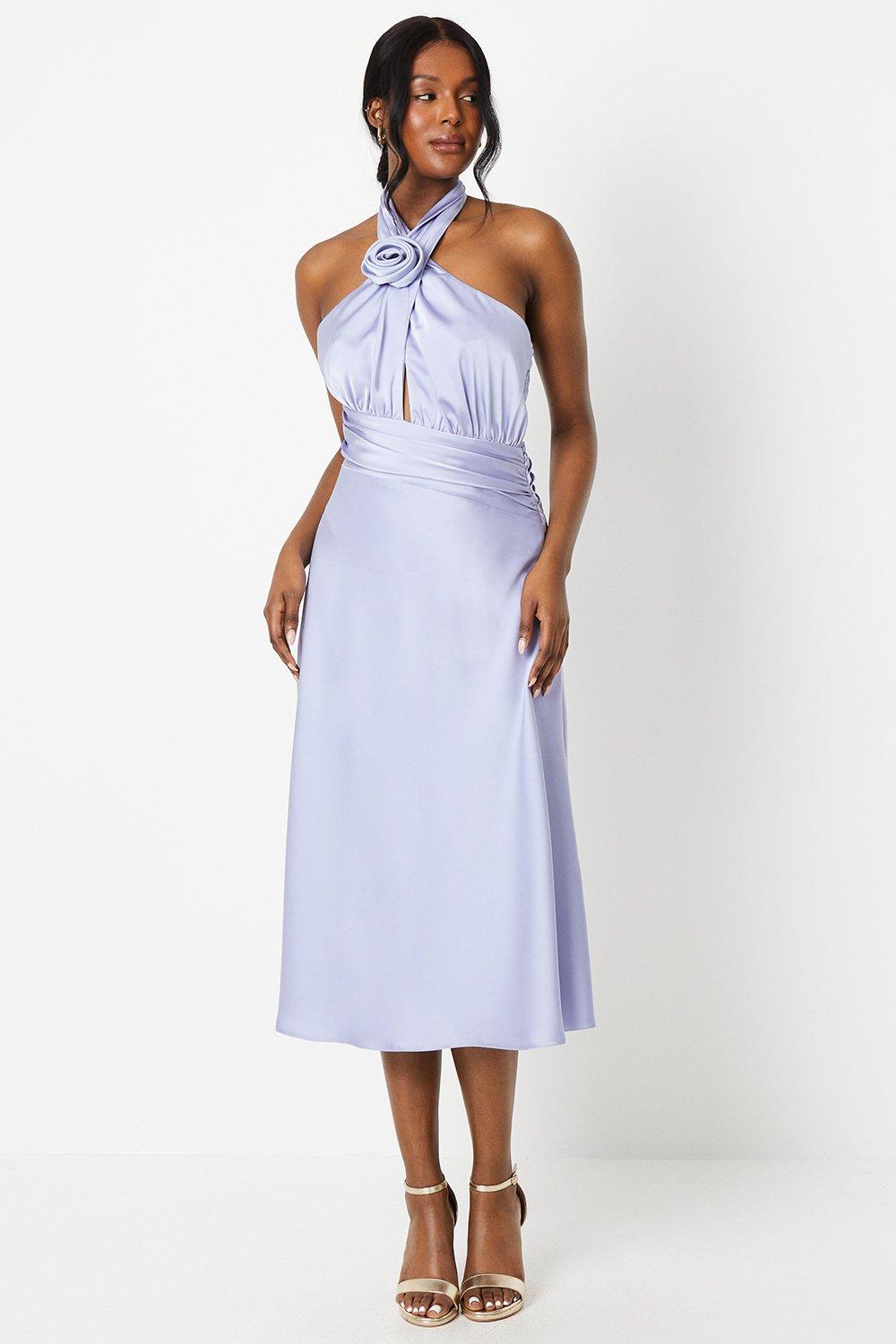 Satin Rosette Decor Halter Midi Dress