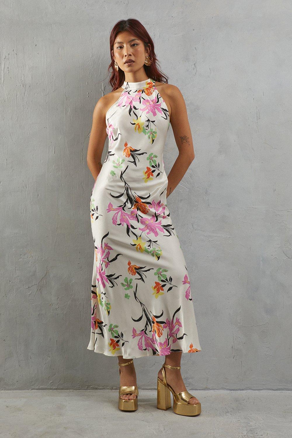 Floral Halter Neck Backless Dress