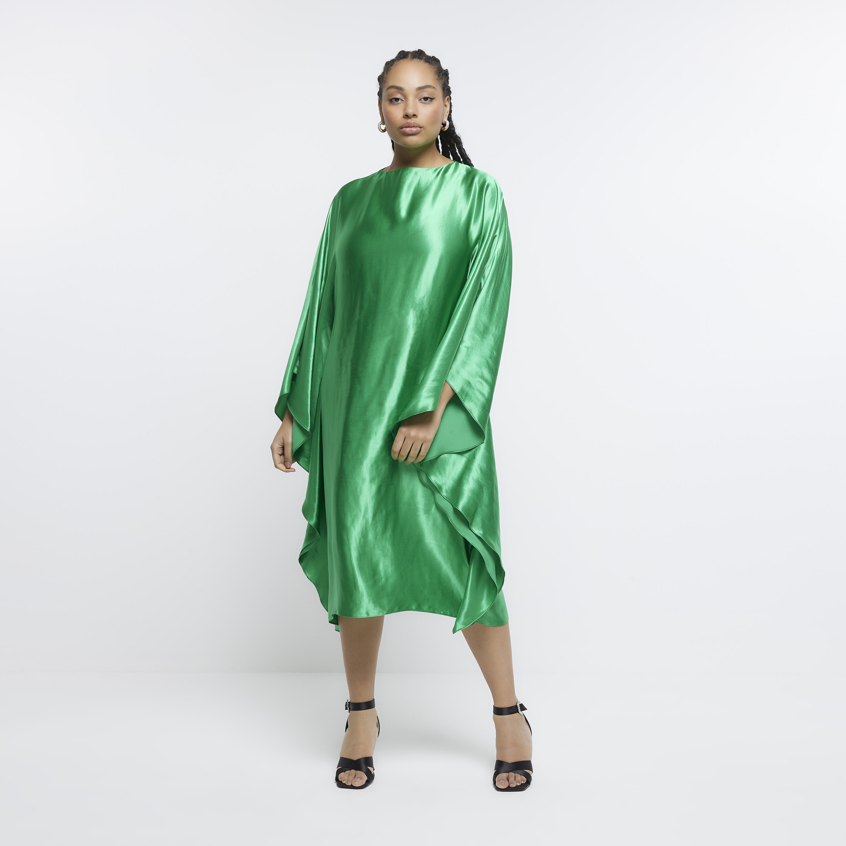 River Island Womens Smock Midi Dress Plus Green Satin Batwing