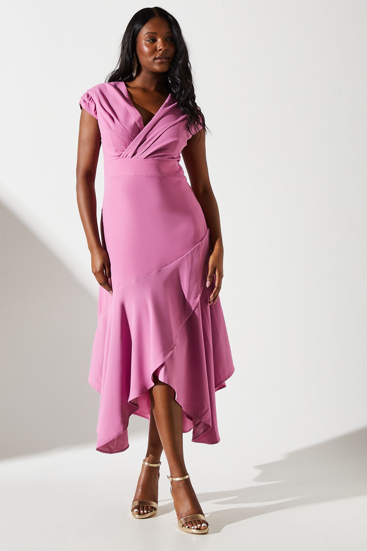 Pleated Detail Frill Hem Midi Dress