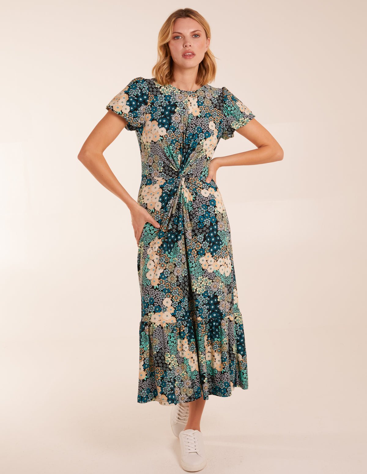 Grey Floral Tie-Up Neck Midi Dress main image 1