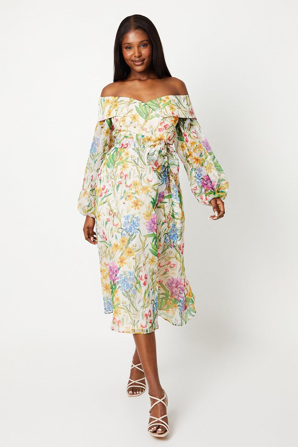 chiffon bardot ruffle tiered dress ASOS Design - Bardot Ruffle Chiffon Maxi Dress - Women - Polyester - 10 US
