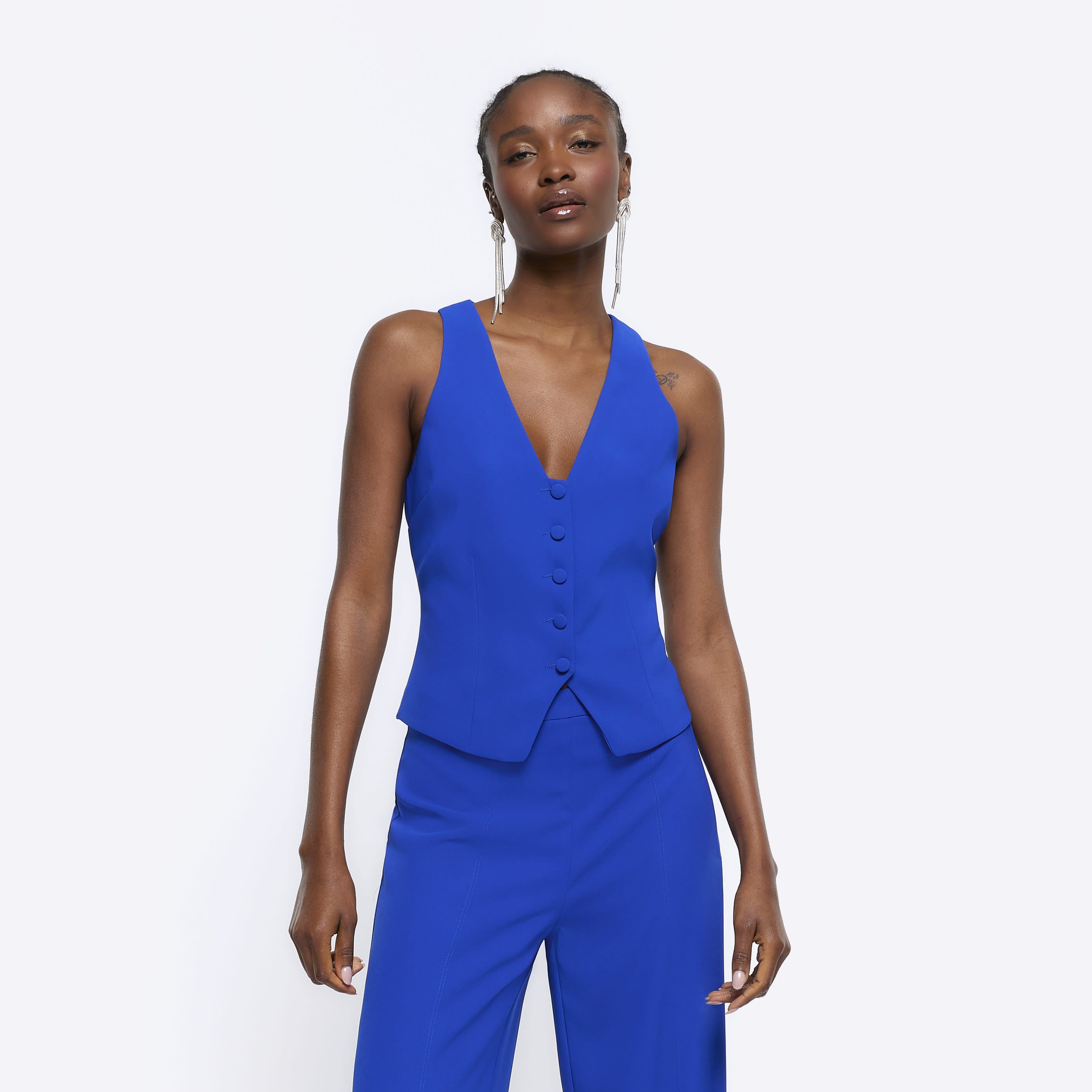 River Island Womens Waistcoat Blue Button Front