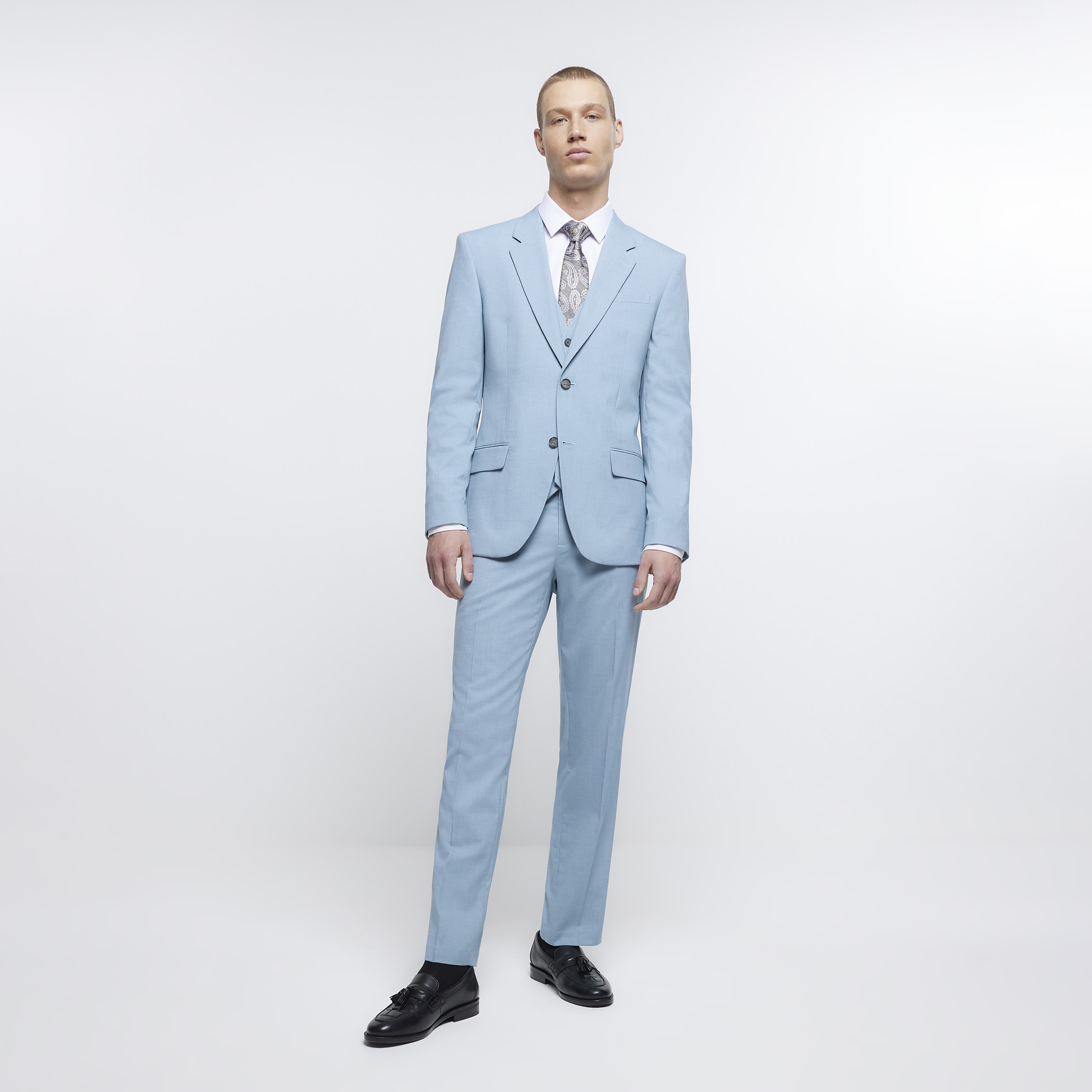 River Island Mens Suit Trousers Blue Slim Fit Notch Pants