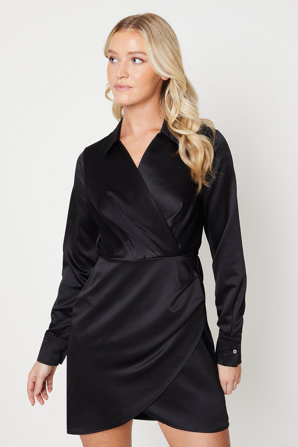Black Wrap Over Ruched Mini Dress