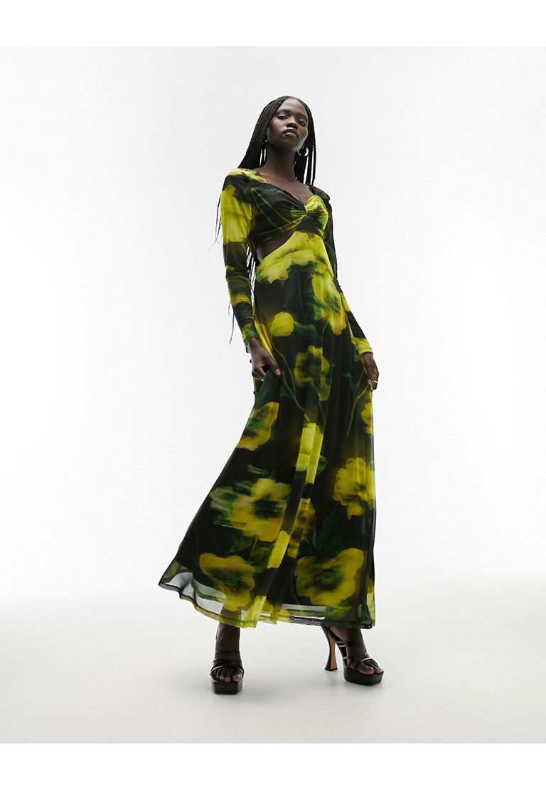 Topshop mesh occasion cut out midi dress in blurred floral print-Multi