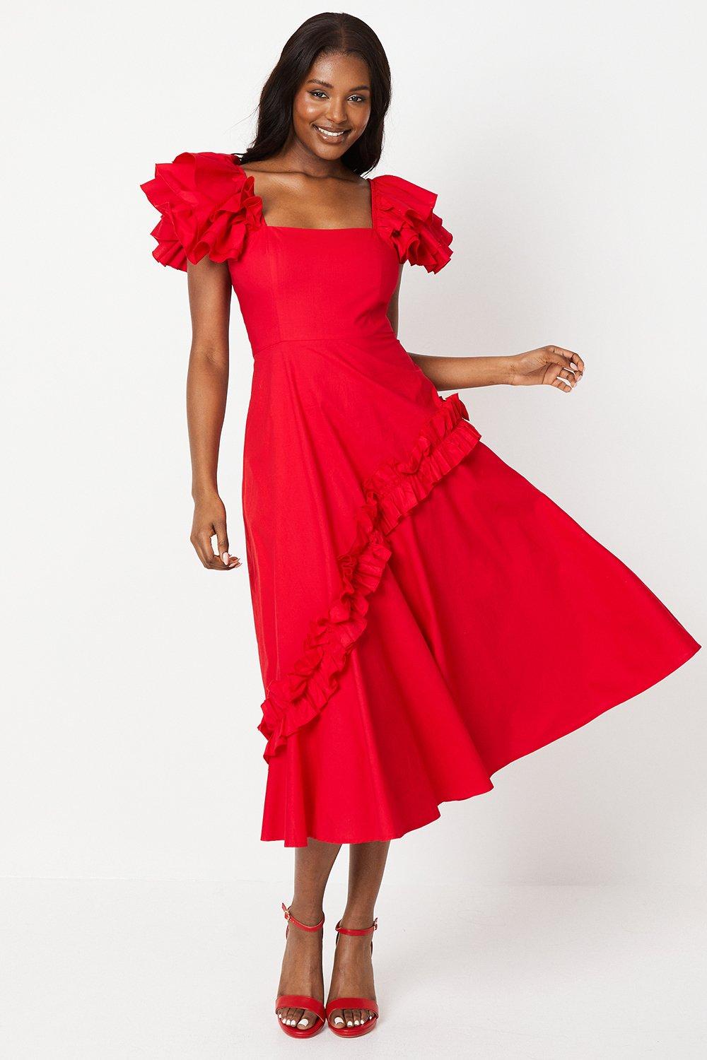 knee length dresses for ladies Red Flutter Sleeve Midi Dress - All Dresses
