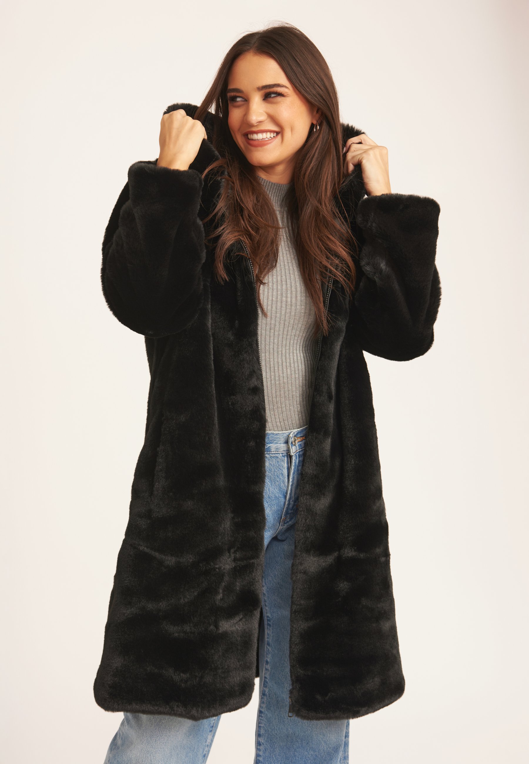 Gini London Long Fur Hooded Coat Gini London Black Coat With Real