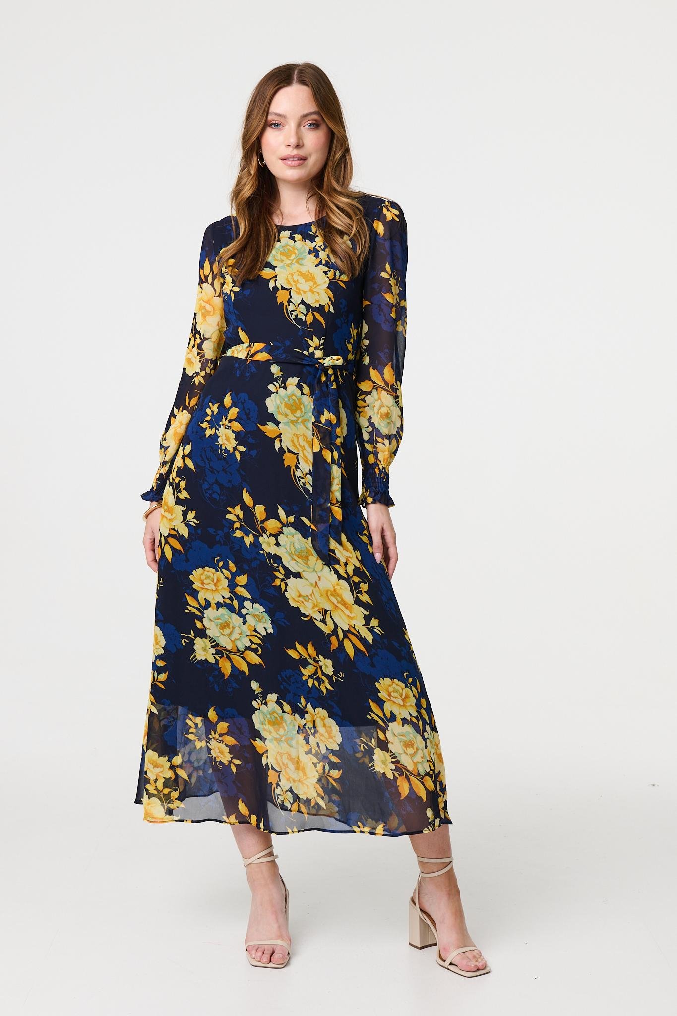Navy Floral Long Sleeve Chiffon Midi Dress