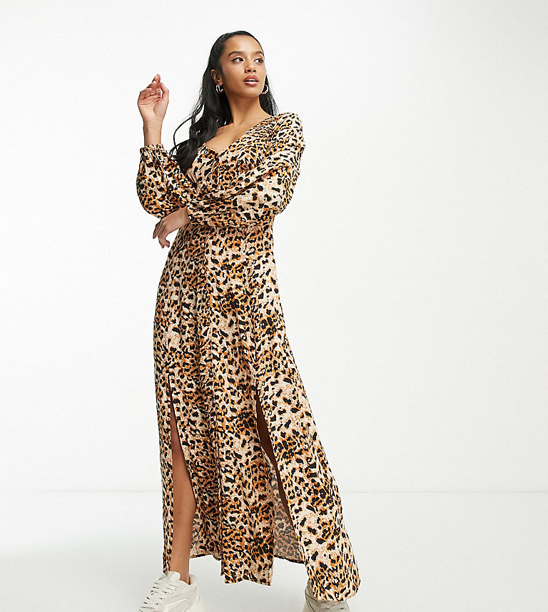 Miss Selfridge Petite long sleeve button through maxi dress in