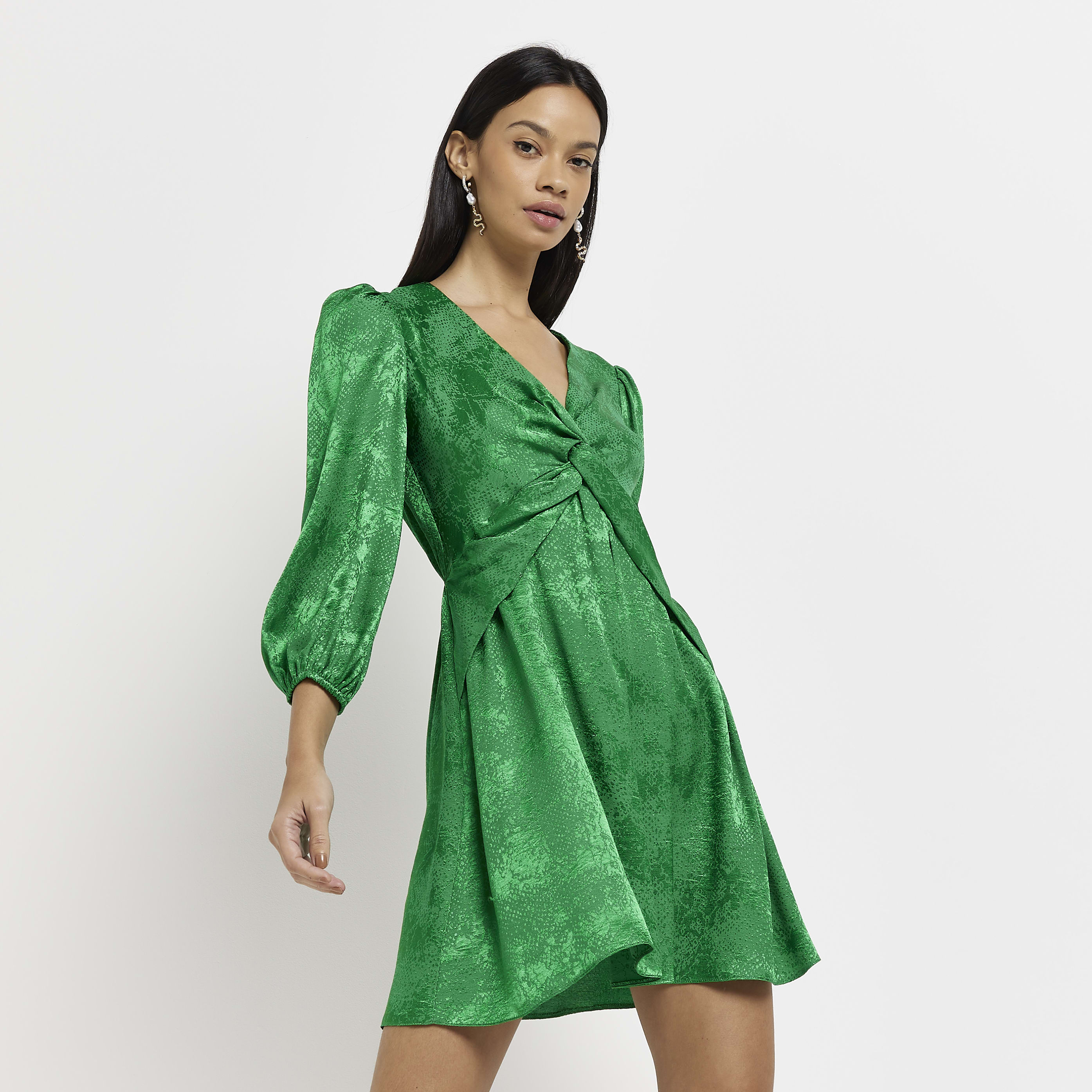 River Island Womens Mini Dress Green Satin Skater