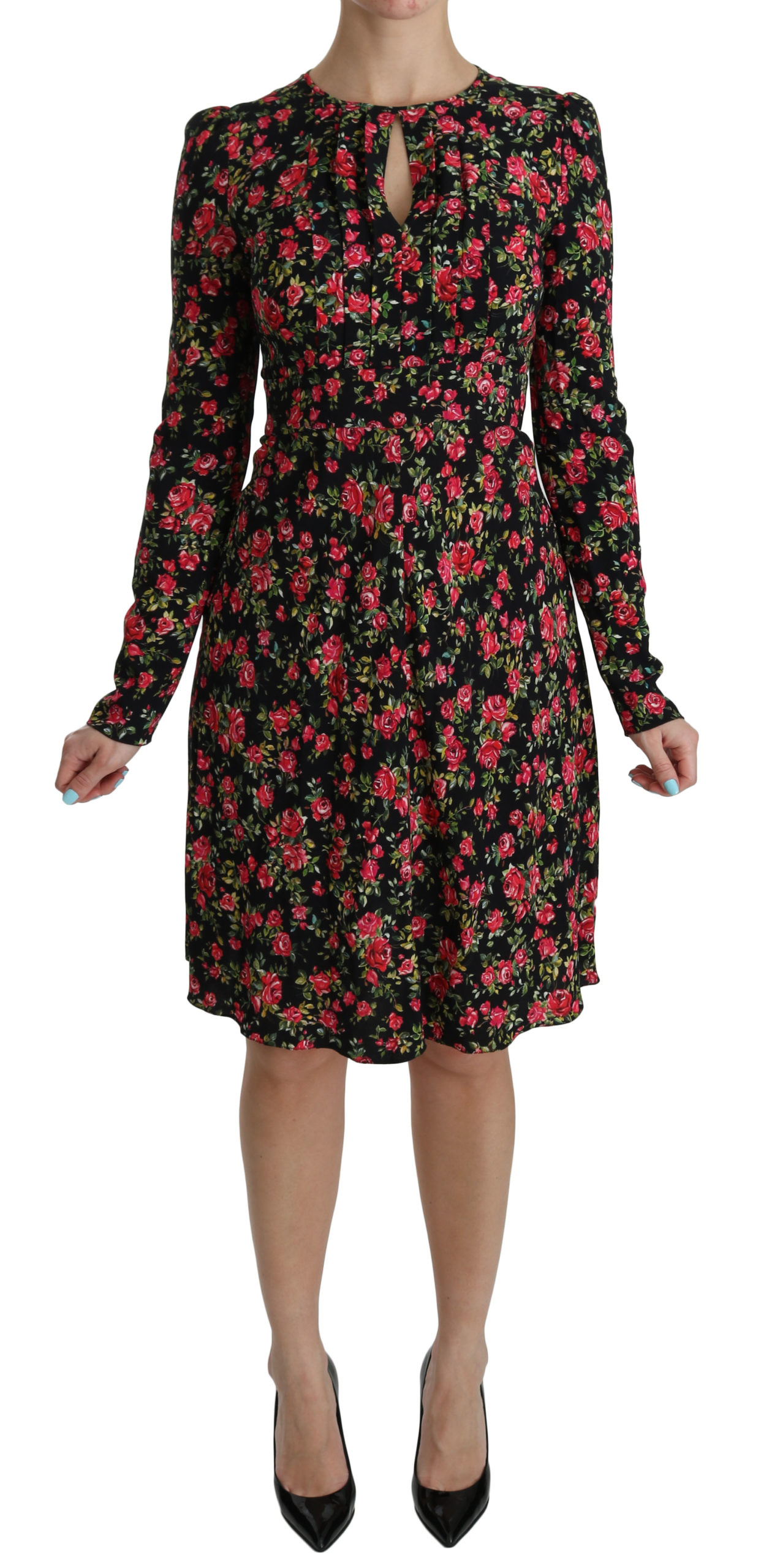 Dolce & Gabbana - Robe Ã manches longues et Ã motifs floraux noirs pour femme, longueur genou