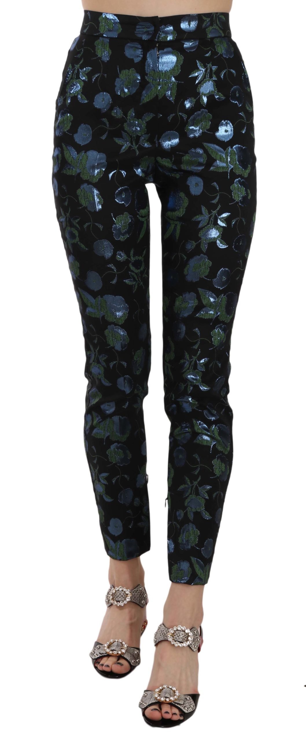Dolce & Gabbana Pantalon Slim Mà tallique à Fleurs Bleu Vert pour Femme