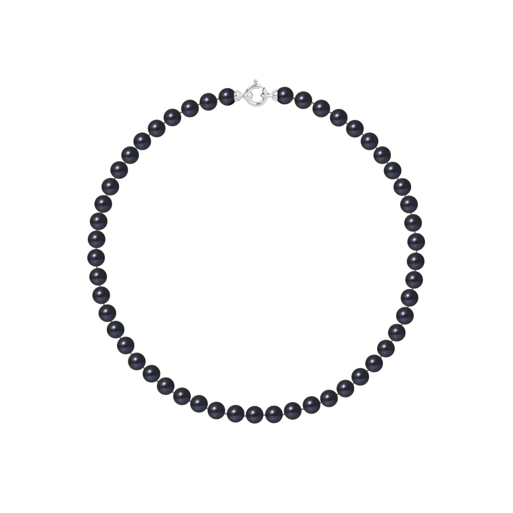 Collier Rang PRINCESSE Perles d'Eau Douce Rondes 6-7 mm Noires Fermoir Prestige Or Blanc