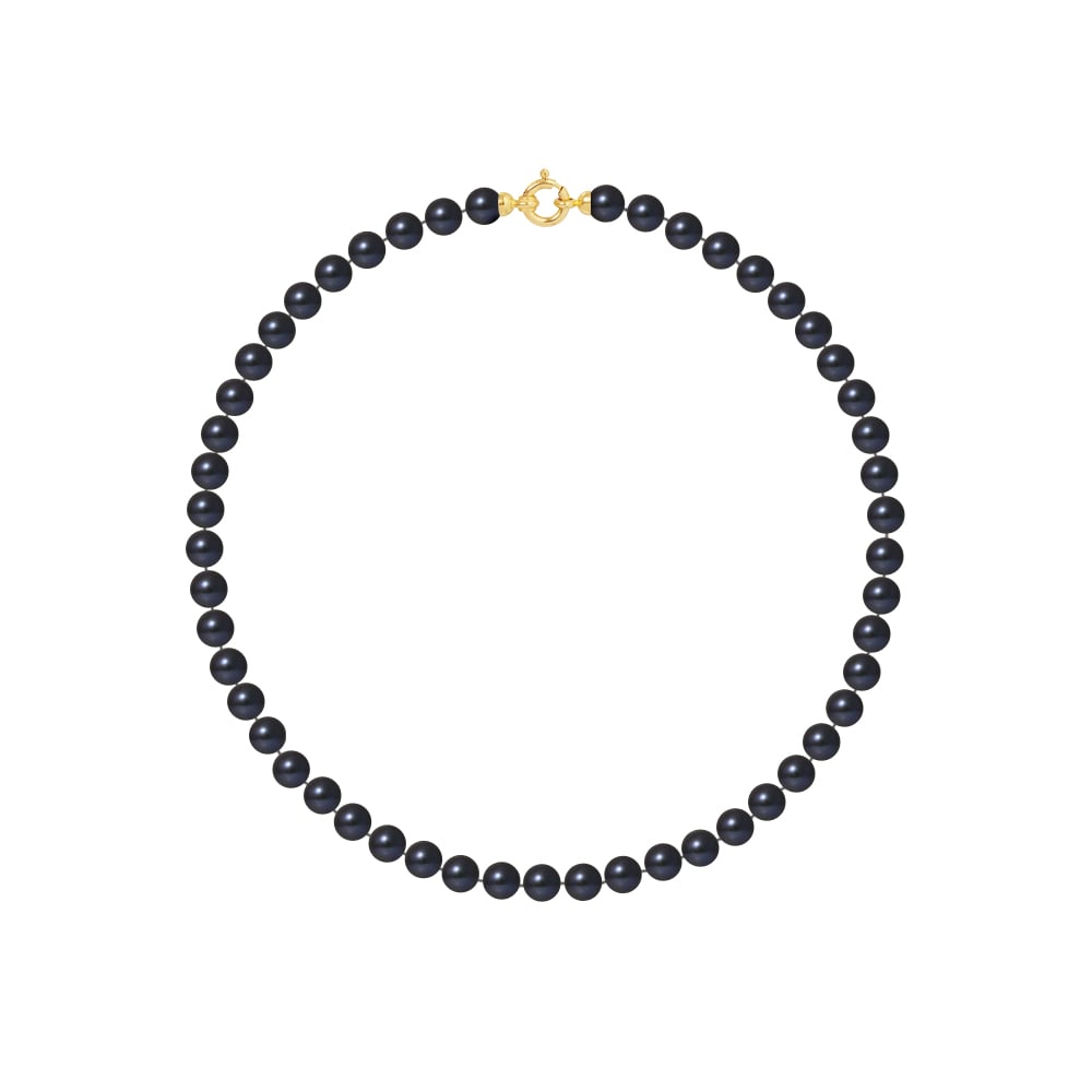 Collier Rang PRINCESSE Perles d'Eau Douce Rondes 6-7 mm Noires Fermoir Prestige Or Jaune