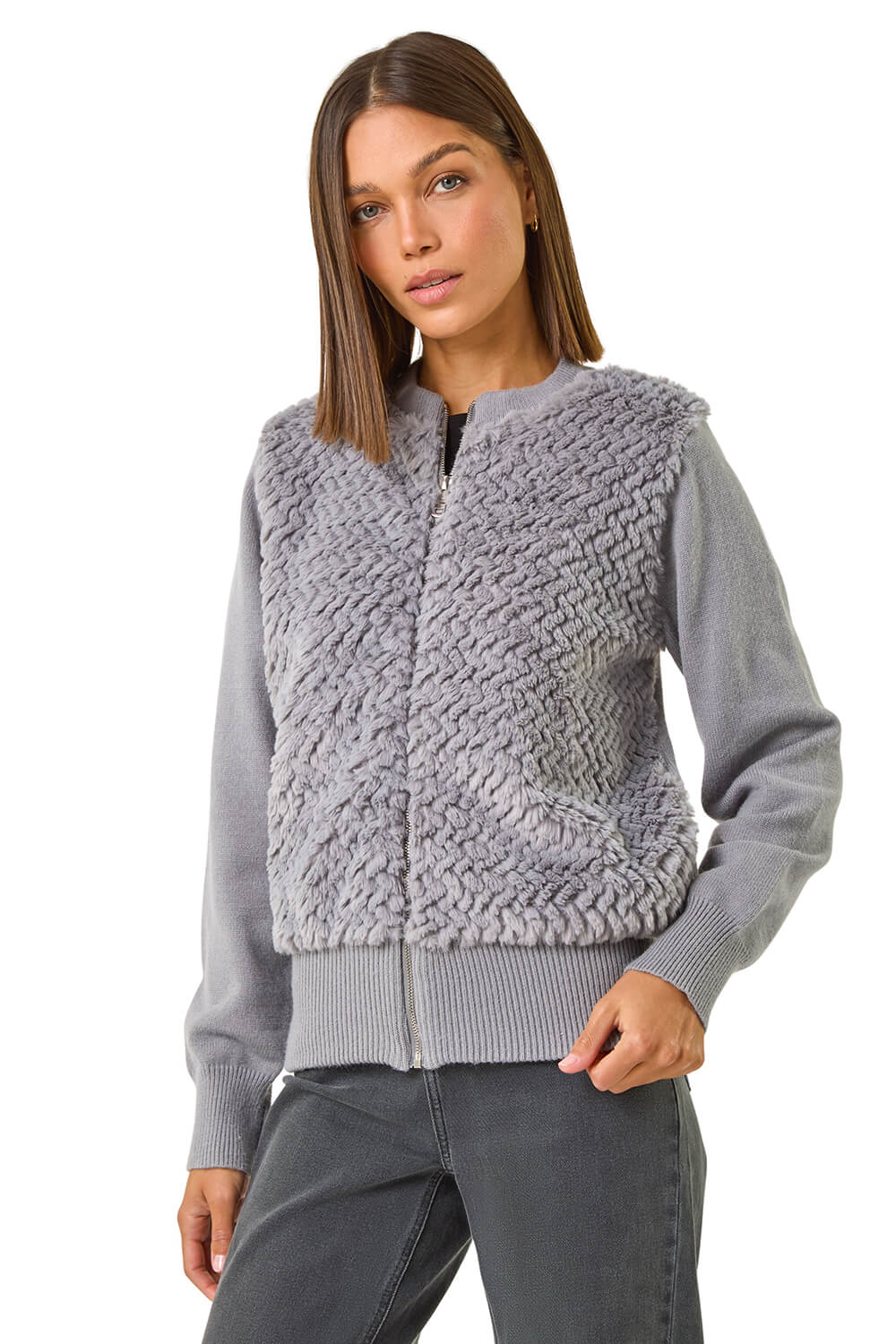 Faux Fur Funnel Neck Zip Jacket