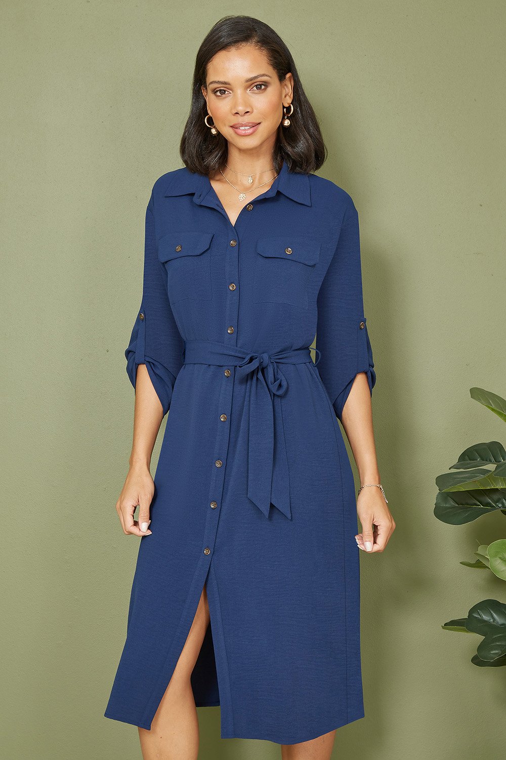 Pocket Midi Shirtdress, Navy