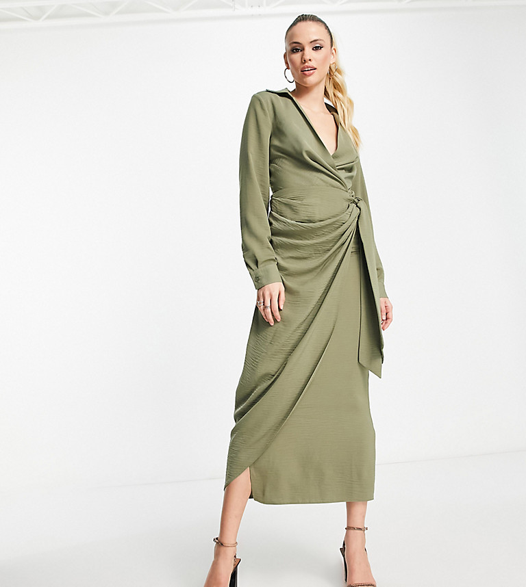 Khaki Green Button Down Collared Tiered Maxi Shirt Dress main image 1