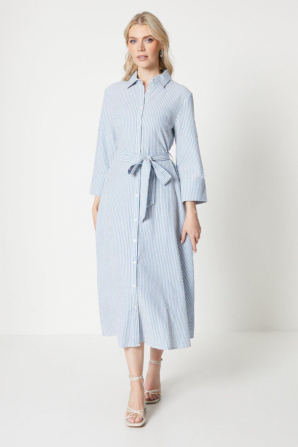 Blue Belt Striped Midi Shirt Dress