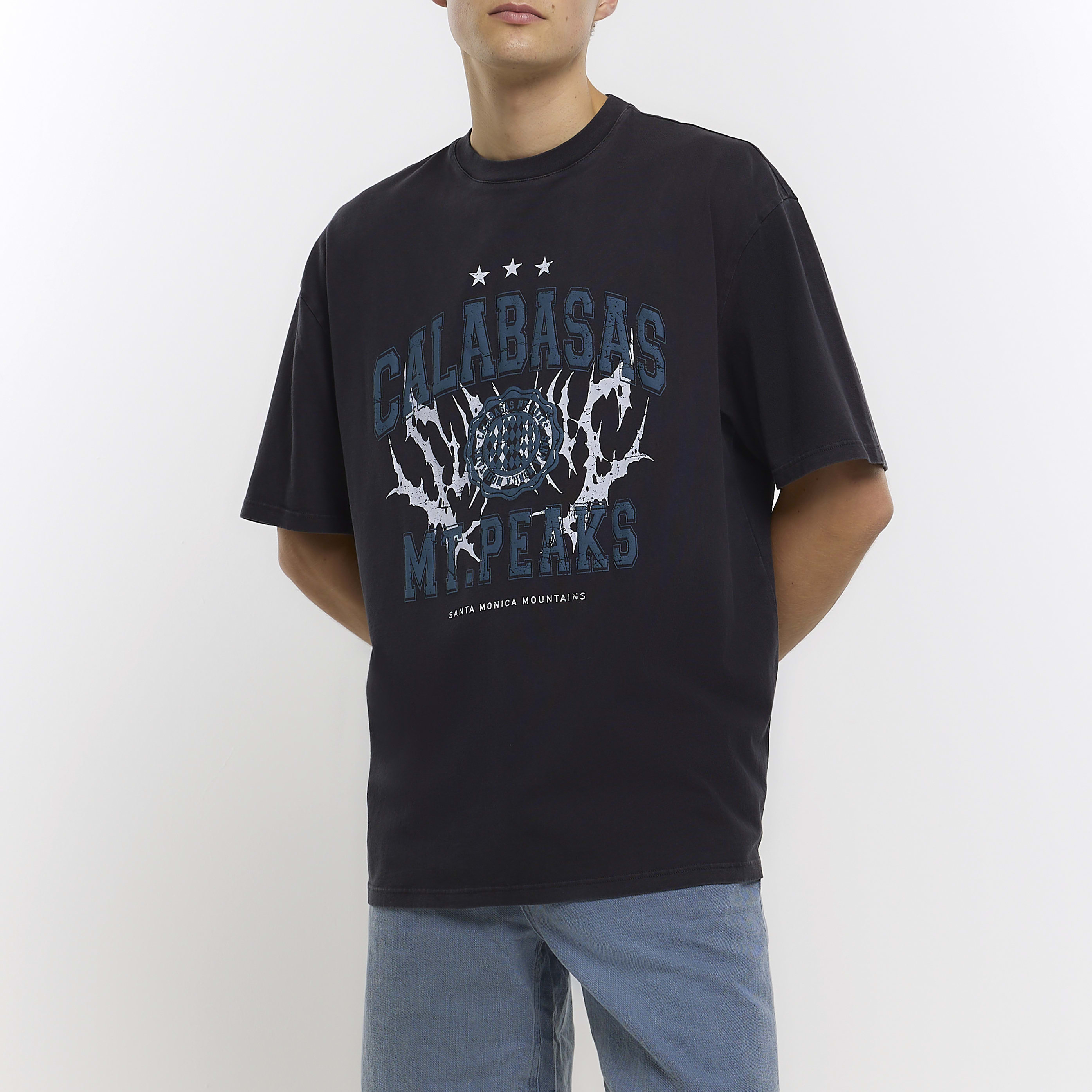 River Island Mens TShirt Black Oversized Fit Calabasas Graphic