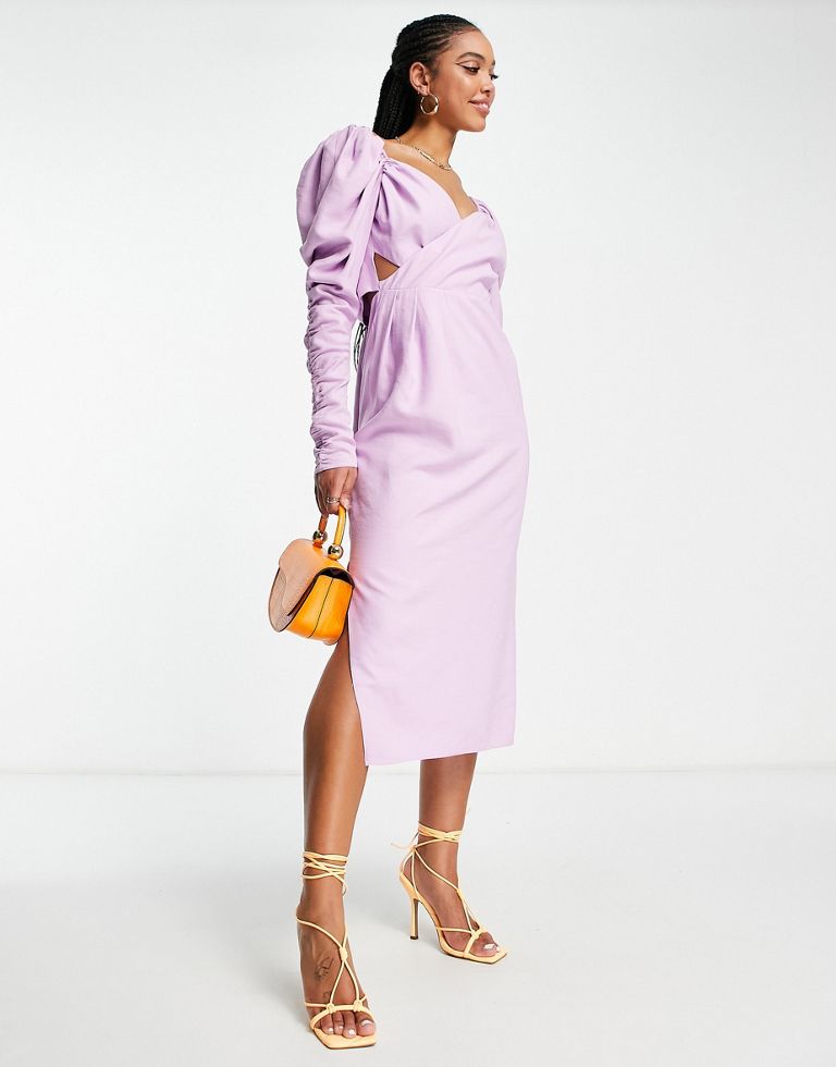 ASOS DESIGN ruched detail midi dress with wrap bodice in lilac-Purple