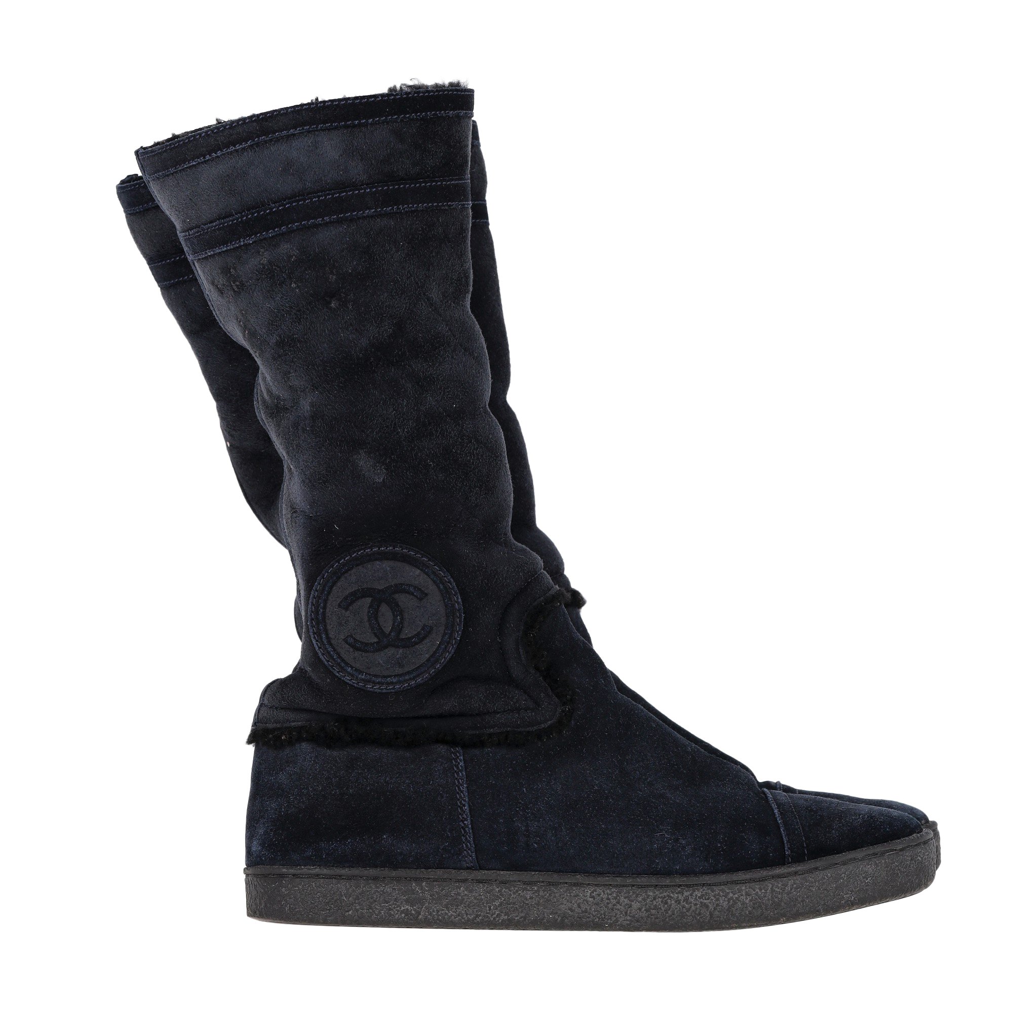Chanel CC Logo Lammfell-Stiefel aus dunkelblauem Wildleder