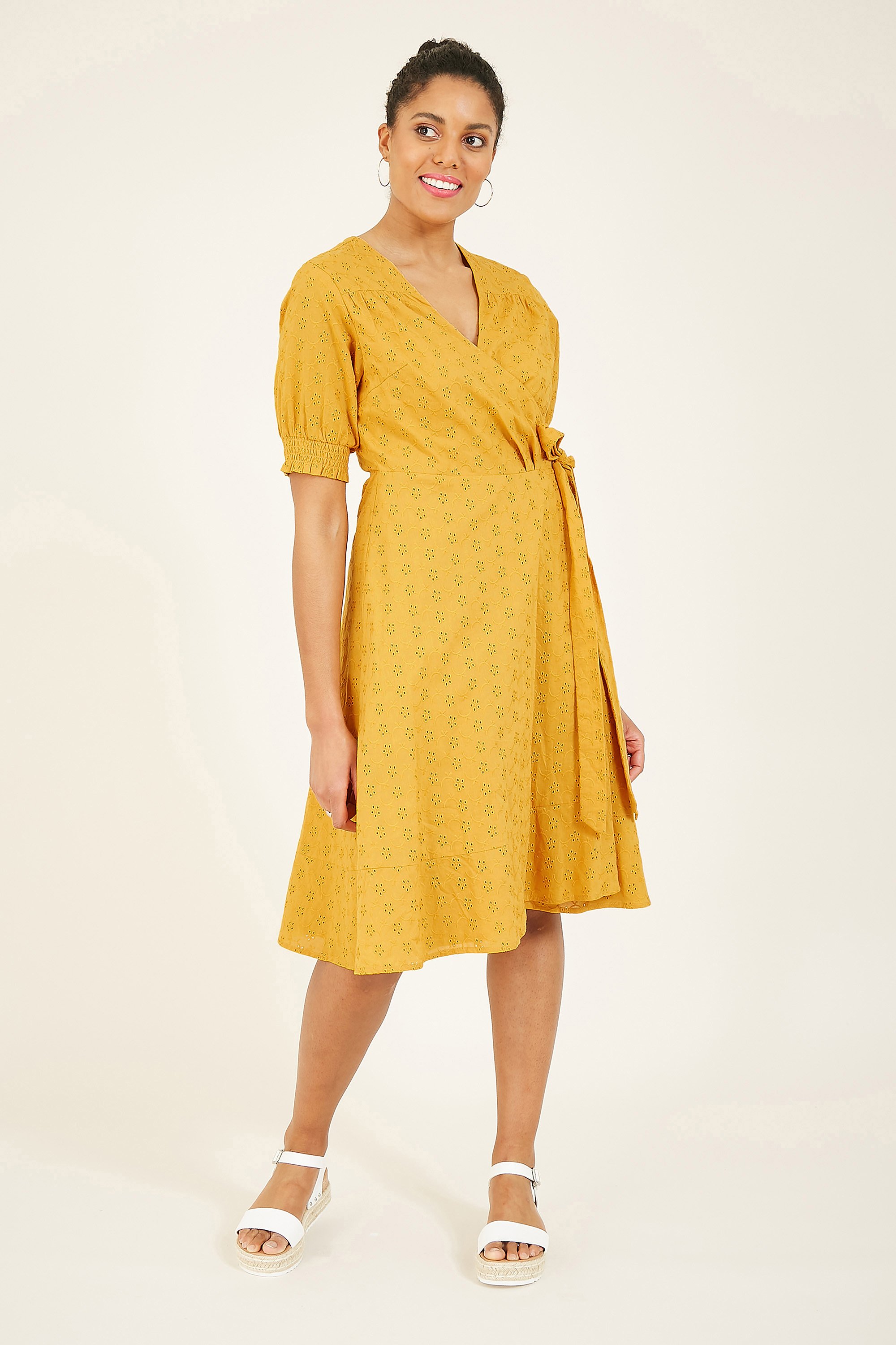 Yumi Mustard Broderie Anglaise Wrap Dress