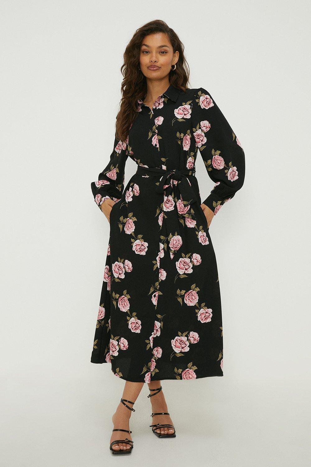 knee length dresses for ladies Pleated Janice Midi Shirt Dress Black Gold Floral